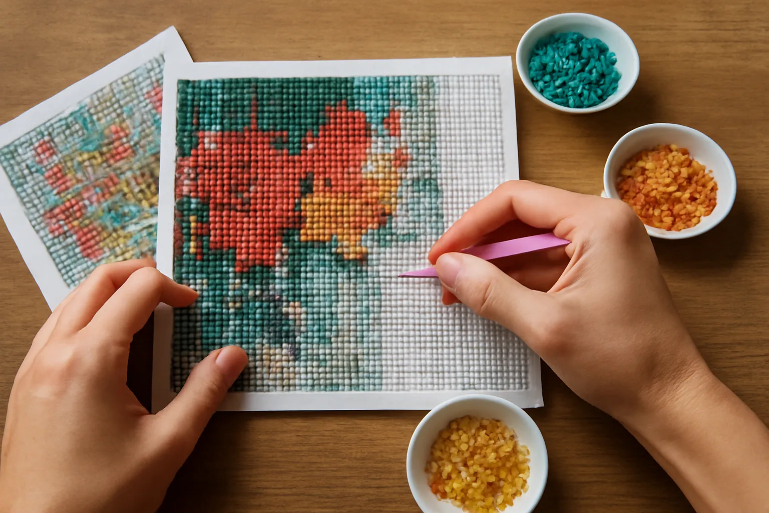 Hands placing square drills on a partly finished grid canvas, a color chart and dishes of drills beside it