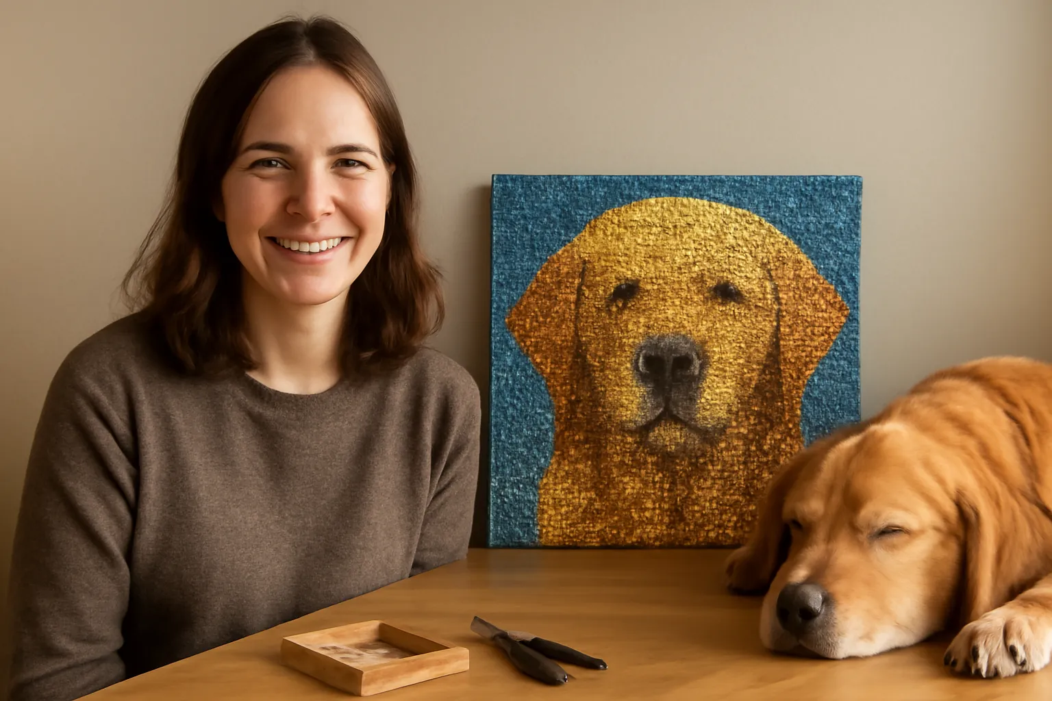 A smiling young woman beside a finished sparkling diamond painting of a golden retriever, her own golden retriever asleep nearby
