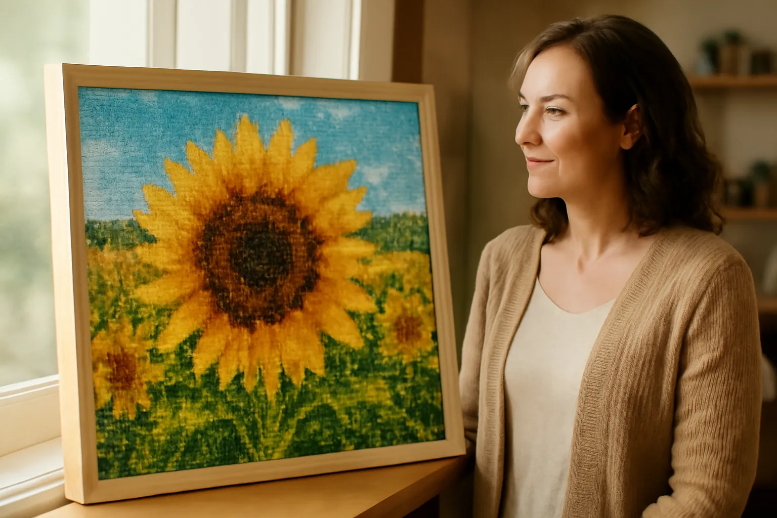 A woman admiring a finished sunflower diamond painting in a light wooden frame by a sunny window
