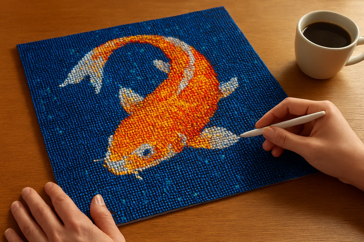 A woman's hand holding a drill pen beside a finished diamond painting of an orange koi on a wooden table