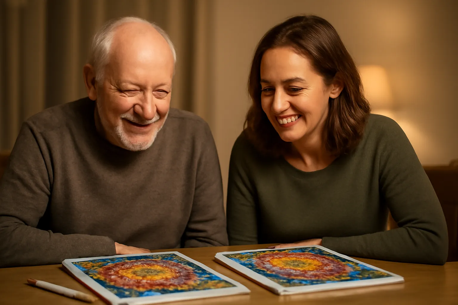 A father and adult daughter smiling over two nearly finished diamond paintings side by side on a dining table