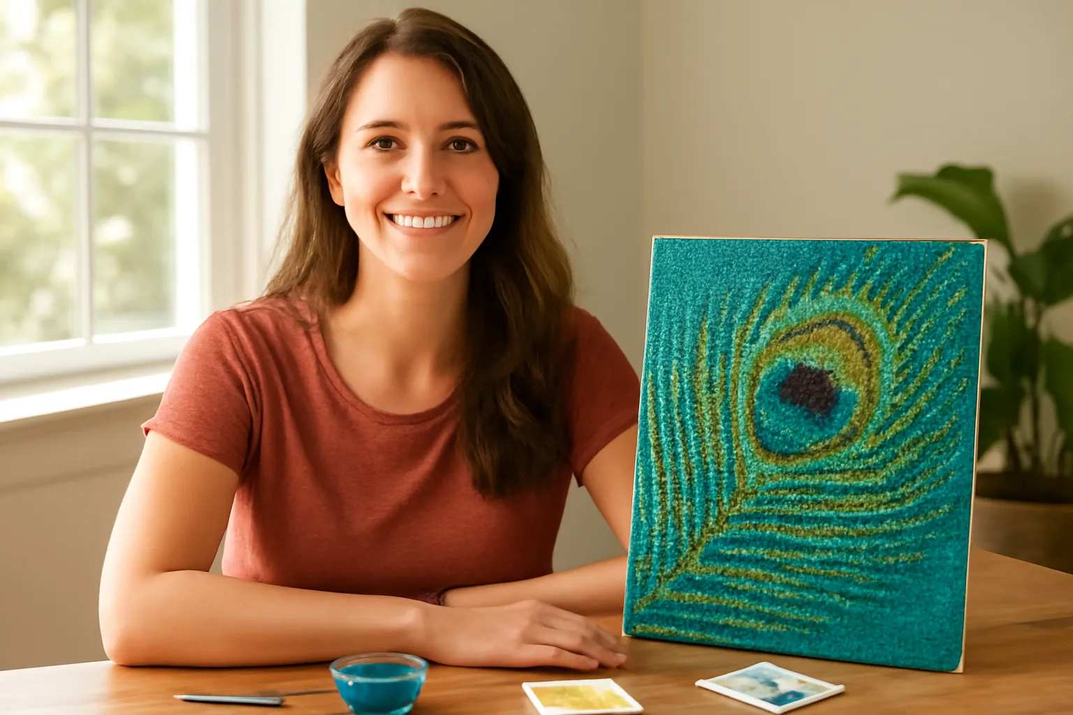 A smiling woman at a sunny craft table beside a finished sparkling peacock-feather diamond painting