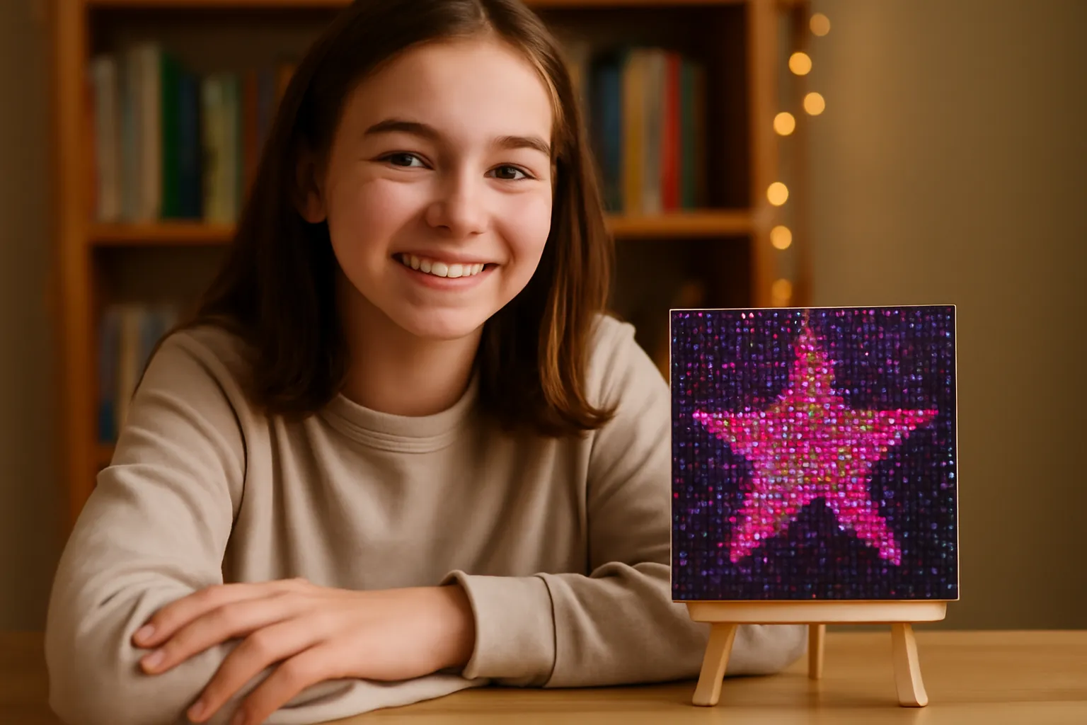 A smiling teenage girl at her desk beside a small sparkling pink star diamond painting on a mini easel