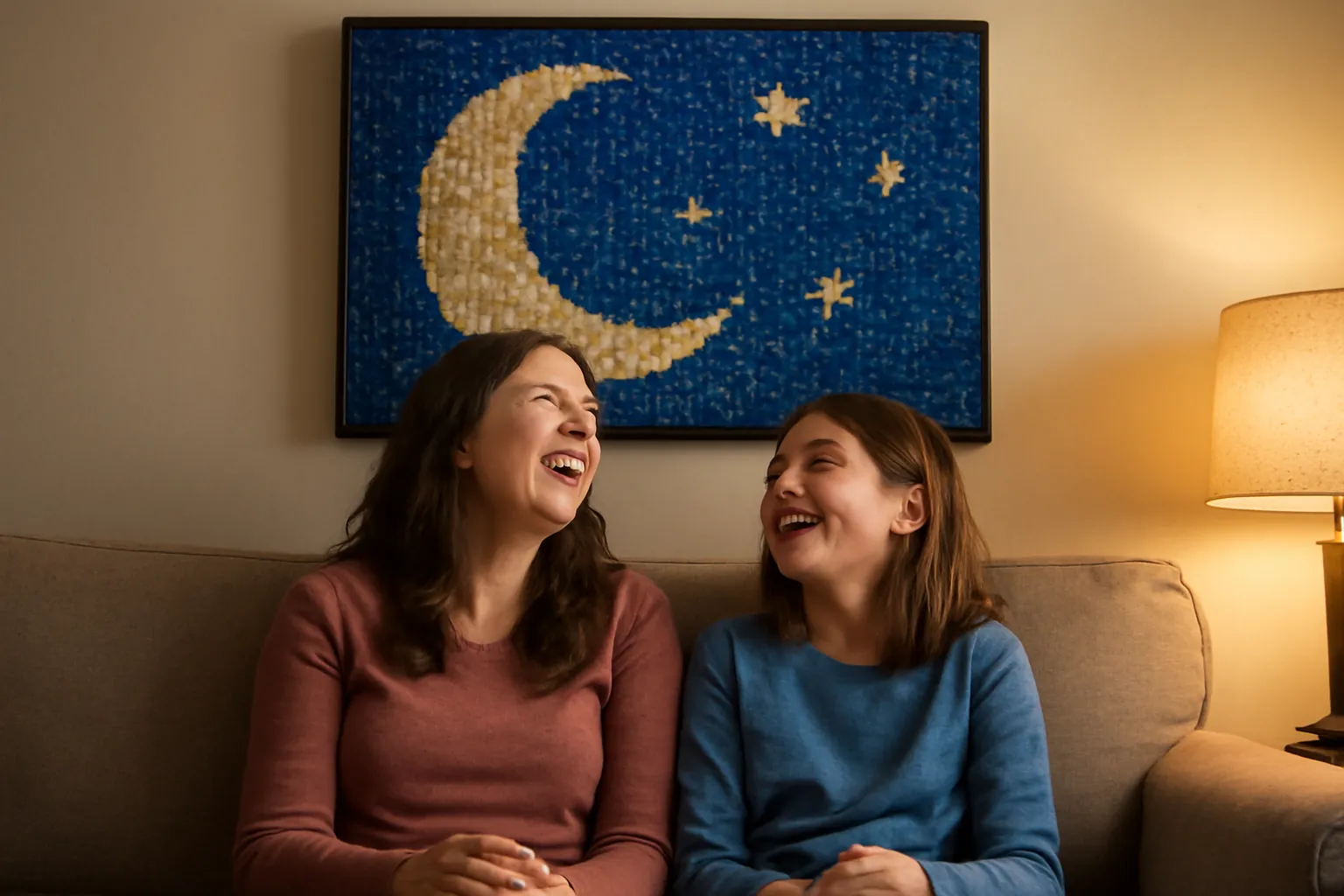 A mother and daughter laughing on a couch beneath a finished diamond painting of a crescent moon and stars