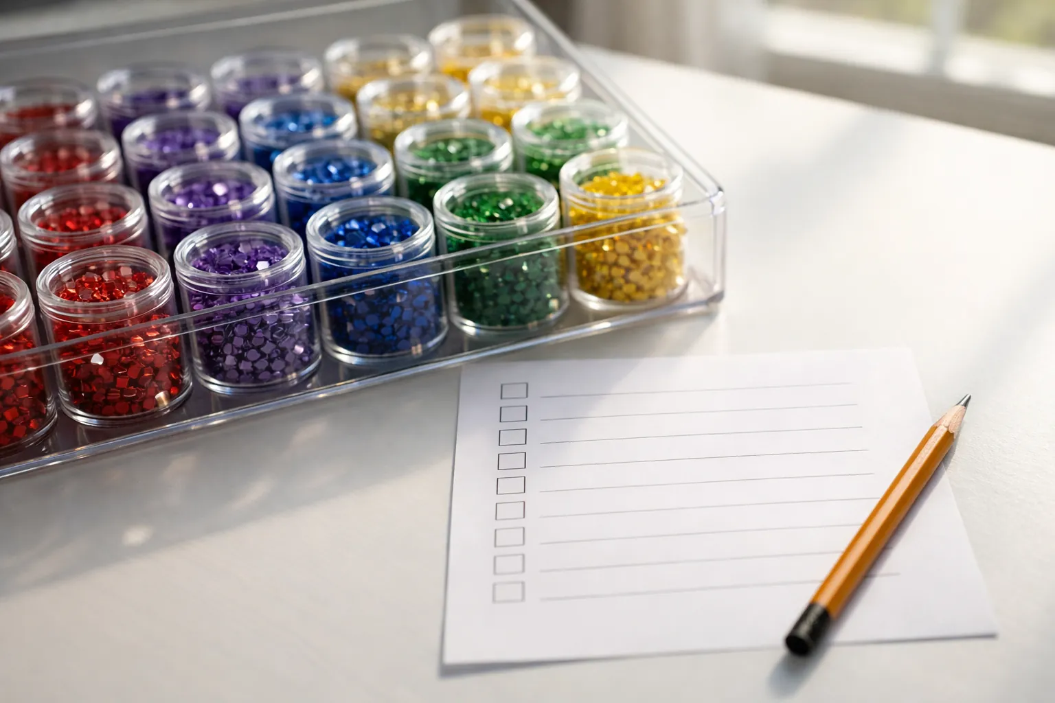 Rows of small labeled containers of colorful diamond painting drills beside a printed checklist