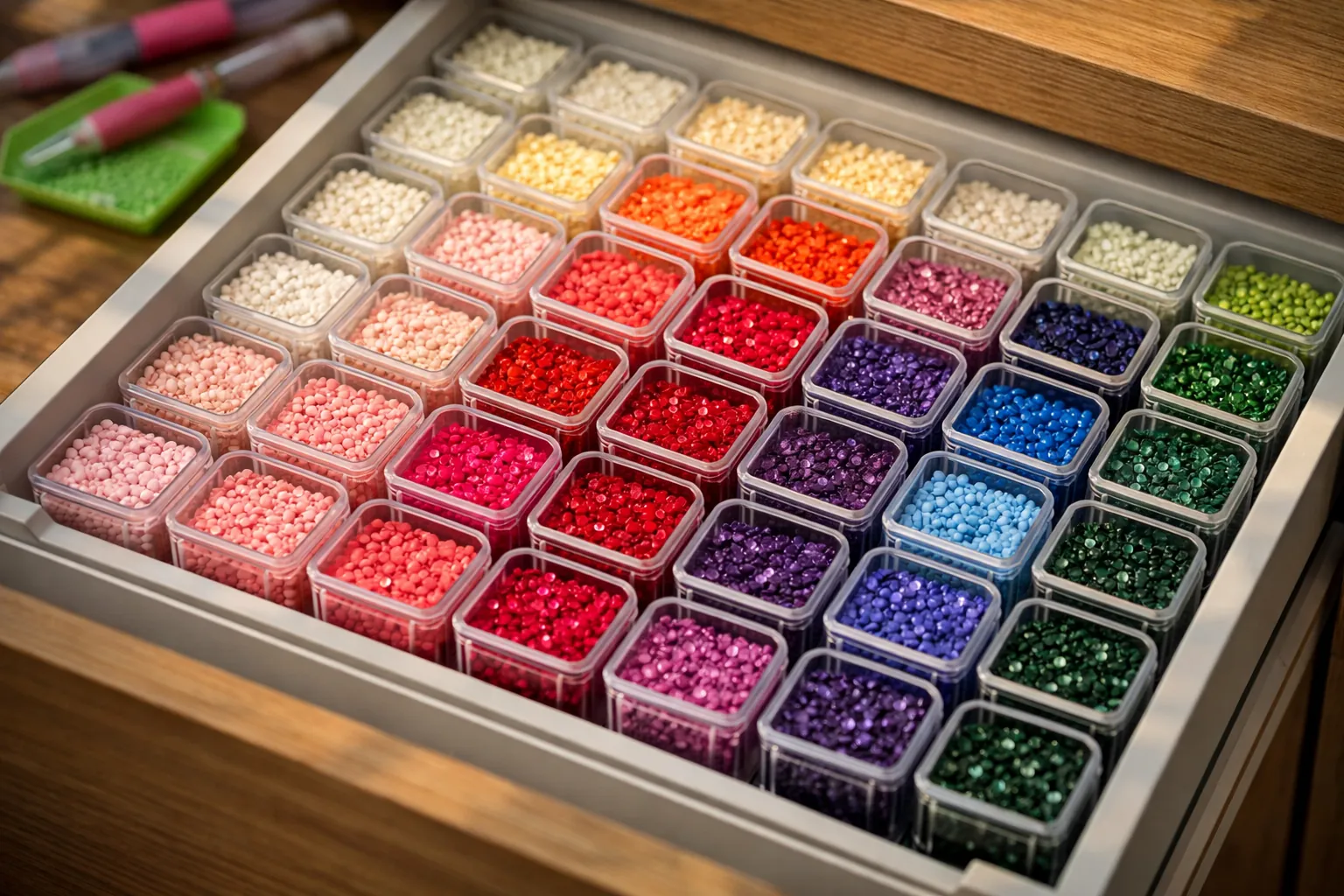 A drawer organizer of drill containers sorted from light to dark