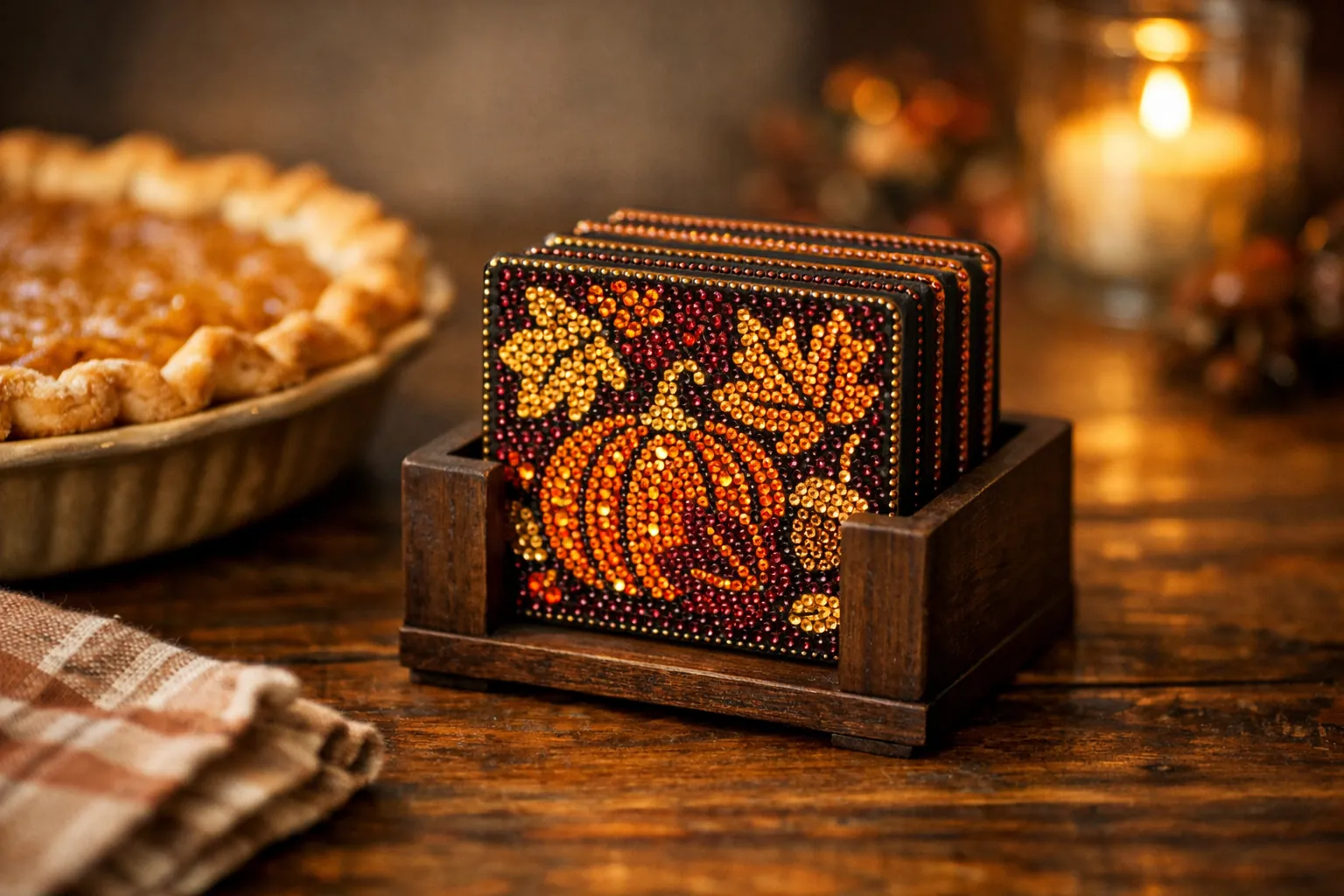 Autumn rhinestone coasters stacked in a holder beside a pie