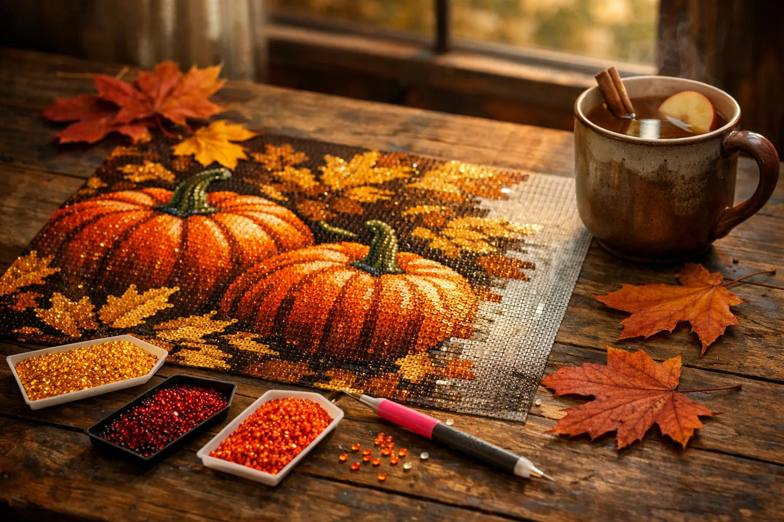 A half-finished autumn pumpkin diamond painting on a wooden table with fall leaves and a mug of cider