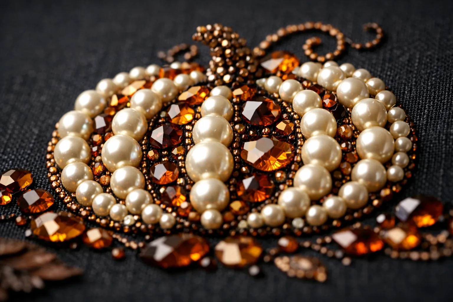 Close-up of glossy pearls and copper gems forming a pumpkin design