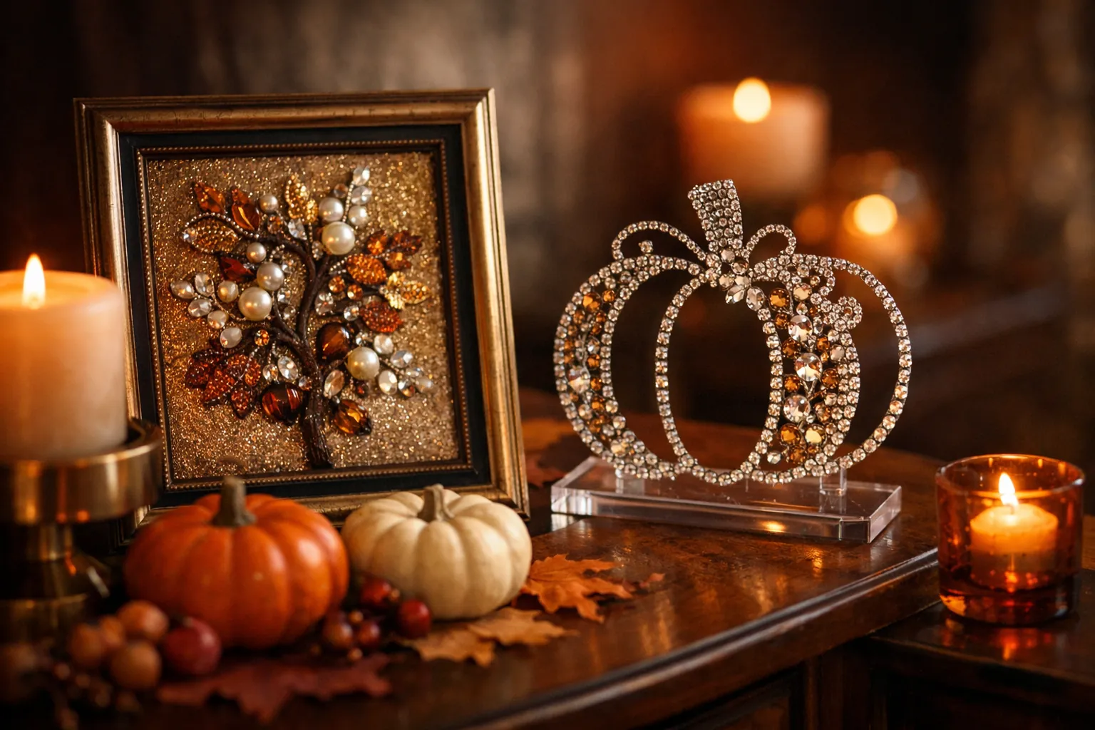 A Thanksgiving side table with a framed pearl artwork and a stand-up rhinestone decoration