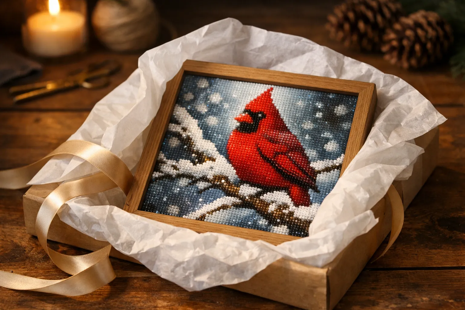 A small framed diamond painting being wrapped as a gift