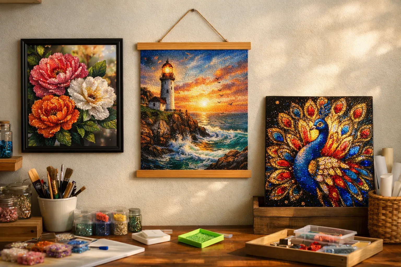 Several finished diamond paintings displayed on a wall and leaning on a shelf in a bright craft room