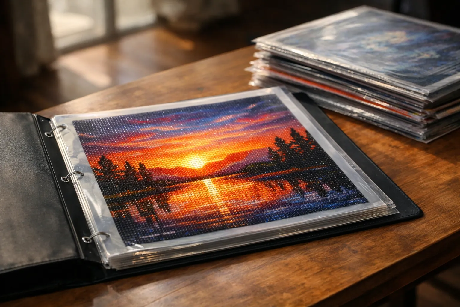 Finished diamond paintings stored flat in a clear-sleeve portfolio