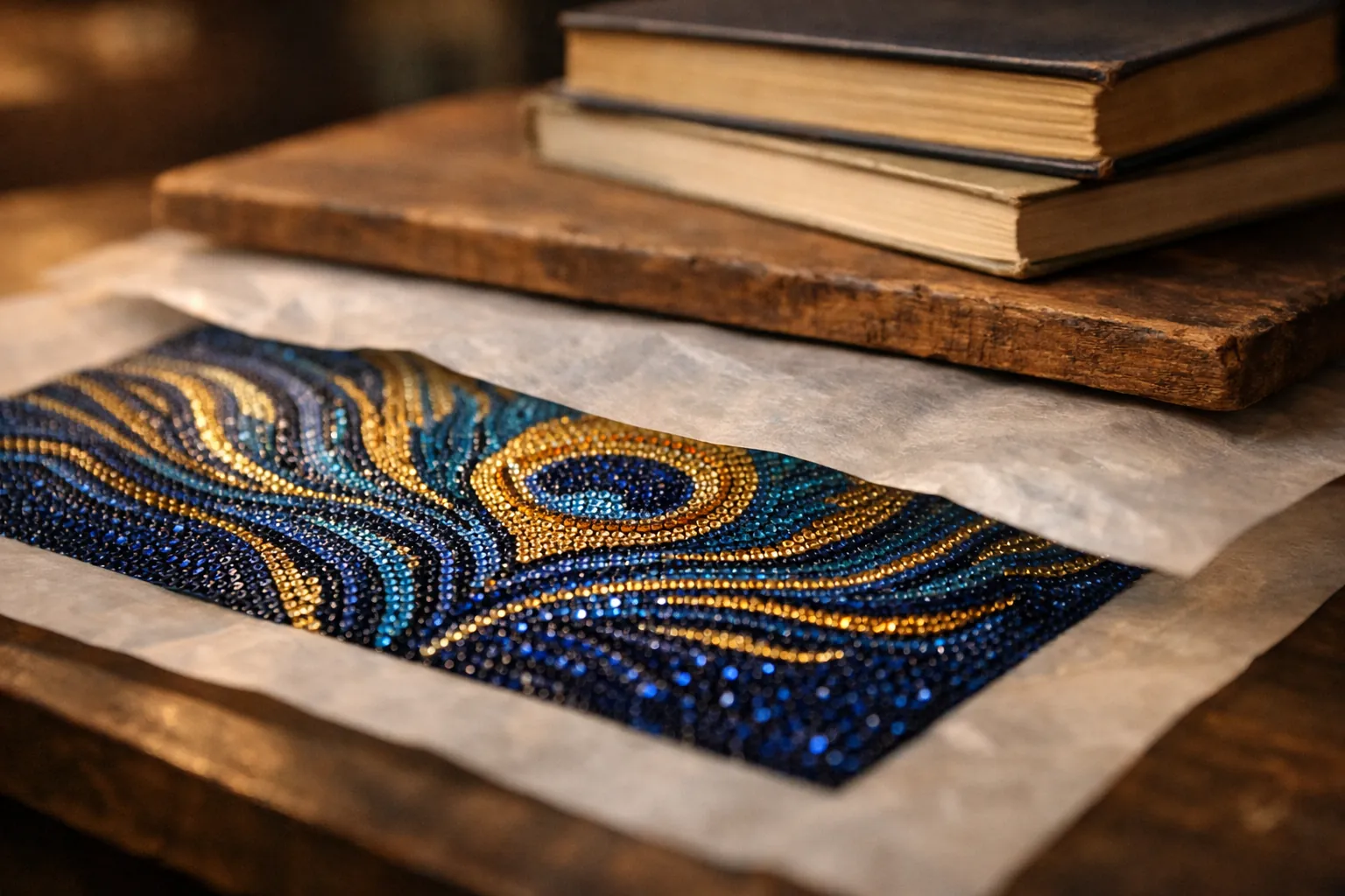 A finished diamond painting flattening under parchment, a board and books