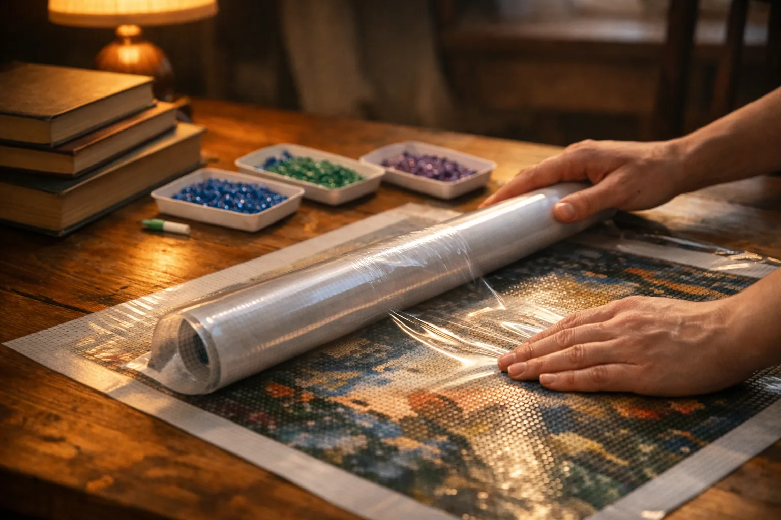 A rolled diamond painting canvas being smoothed flat on a craft table under a stack of books
