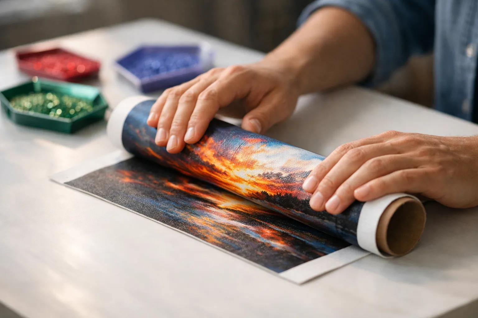 Rolling a diamond painting canvas backwards around a tube to stop it curling