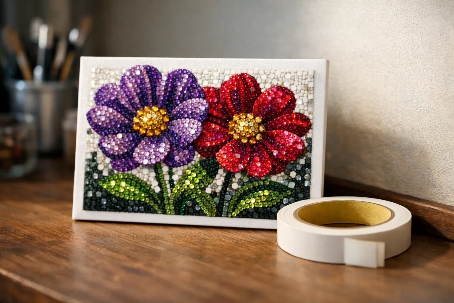 A small diamond painting mounted on foam board