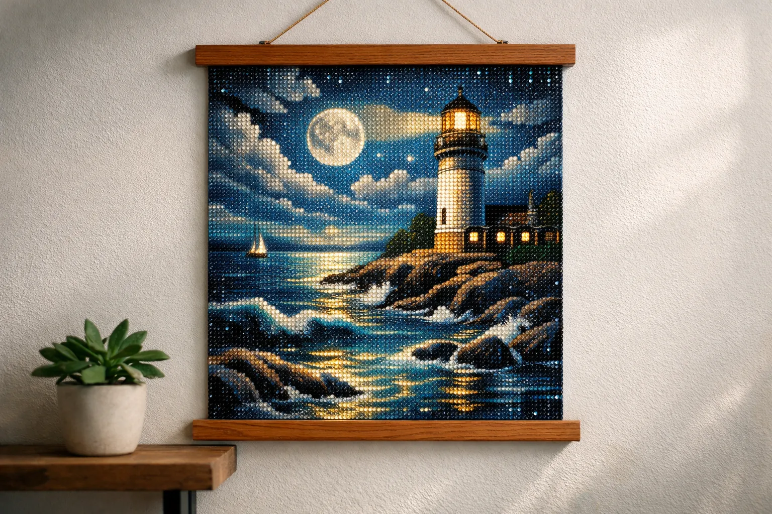 A finished diamond painting hanging on a wall from a wooden magnetic poster hanger