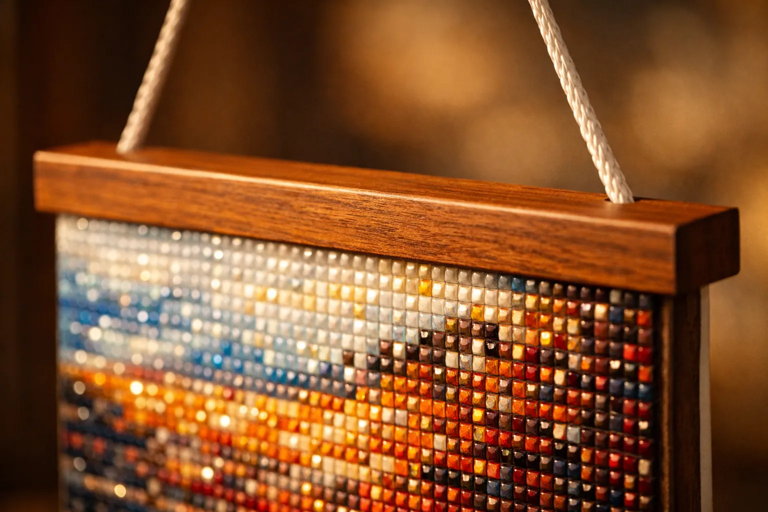 The top edge of a diamond painting clamped in a magnetic wooden poster hanger