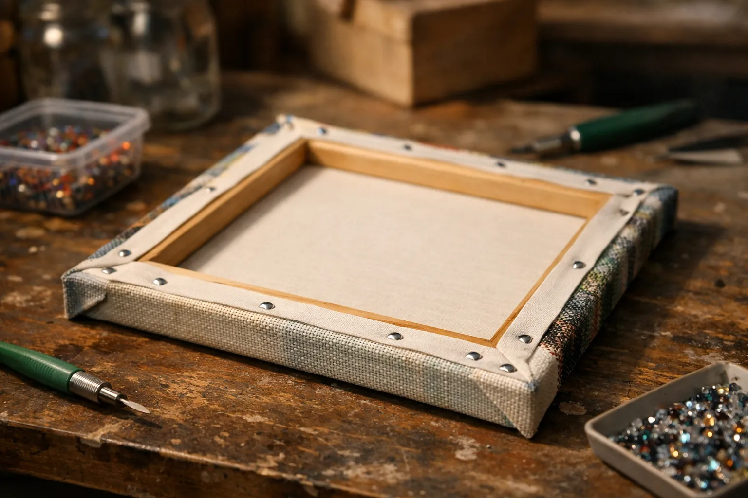 The back of a diamond painting wrapped around stretcher bars
