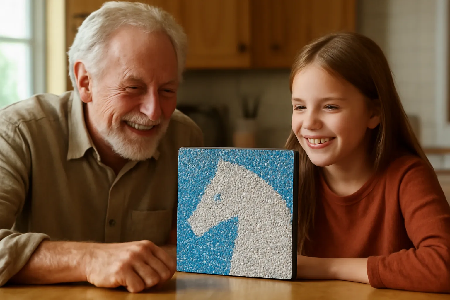 A grandfather and granddaughter smiling at a small white horse diamond painting on their kitchen table