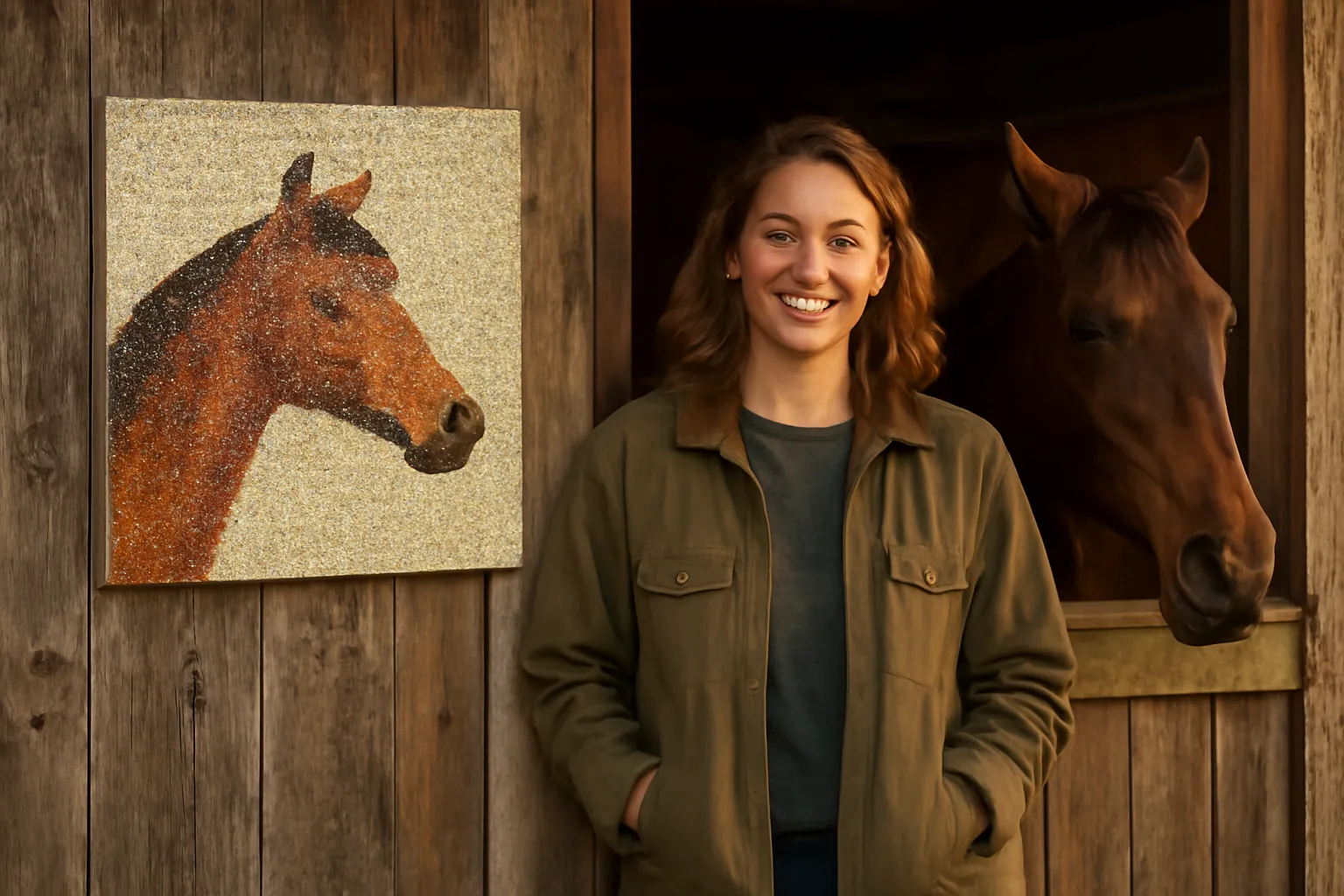 A smiling young woman at a barn door beside a sparkling horse-head diamond painting, her own horse looking out of its stall