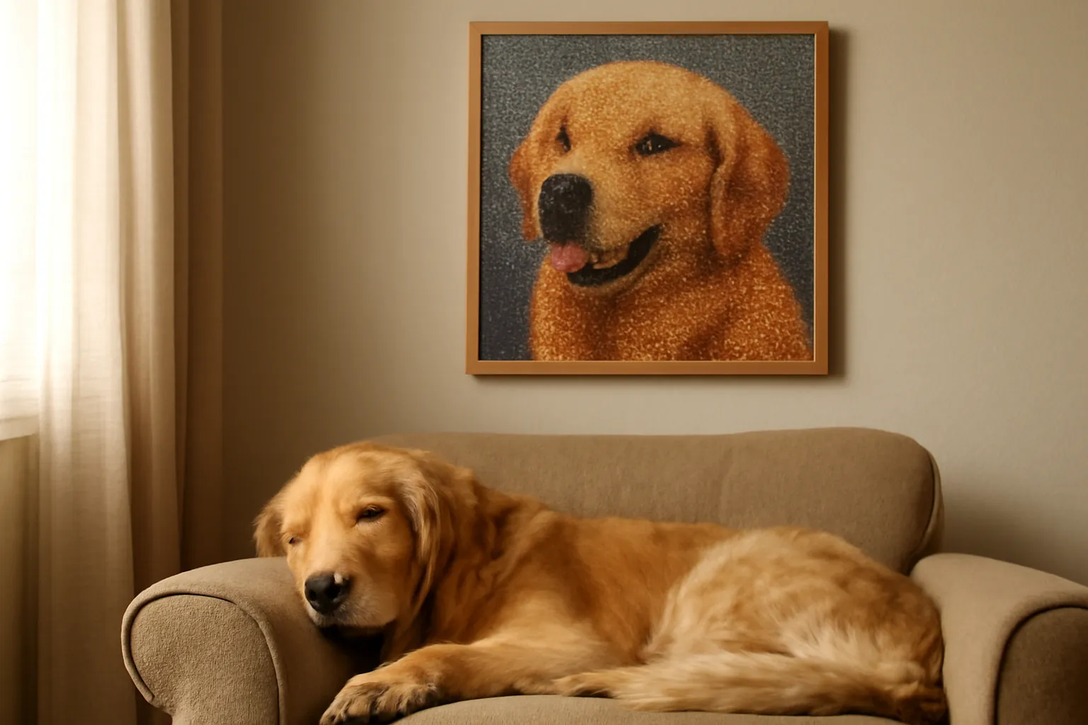 A finished diamond painting portrait of a golden retriever hanging above an armchair where the dog naps
