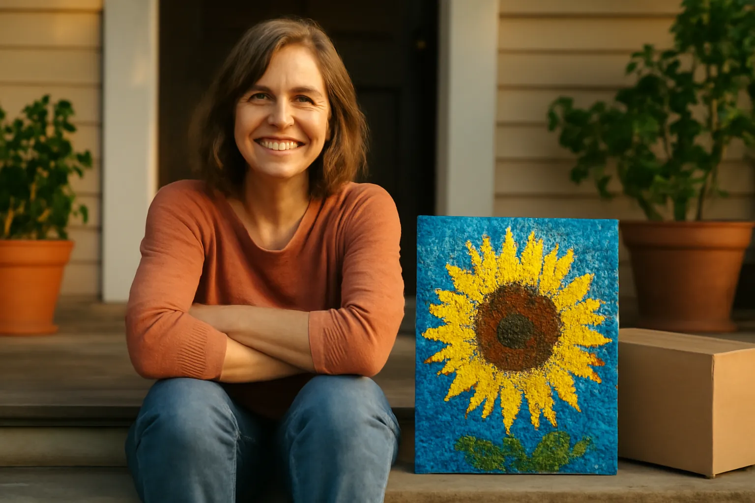 A smiling woman on a porch step beside a finished sunflower diamond painting propped up next to her, a plain cardboard box nearby