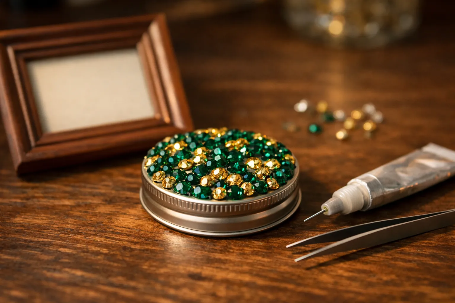 A frame and jar lid decorated with glued-on drills