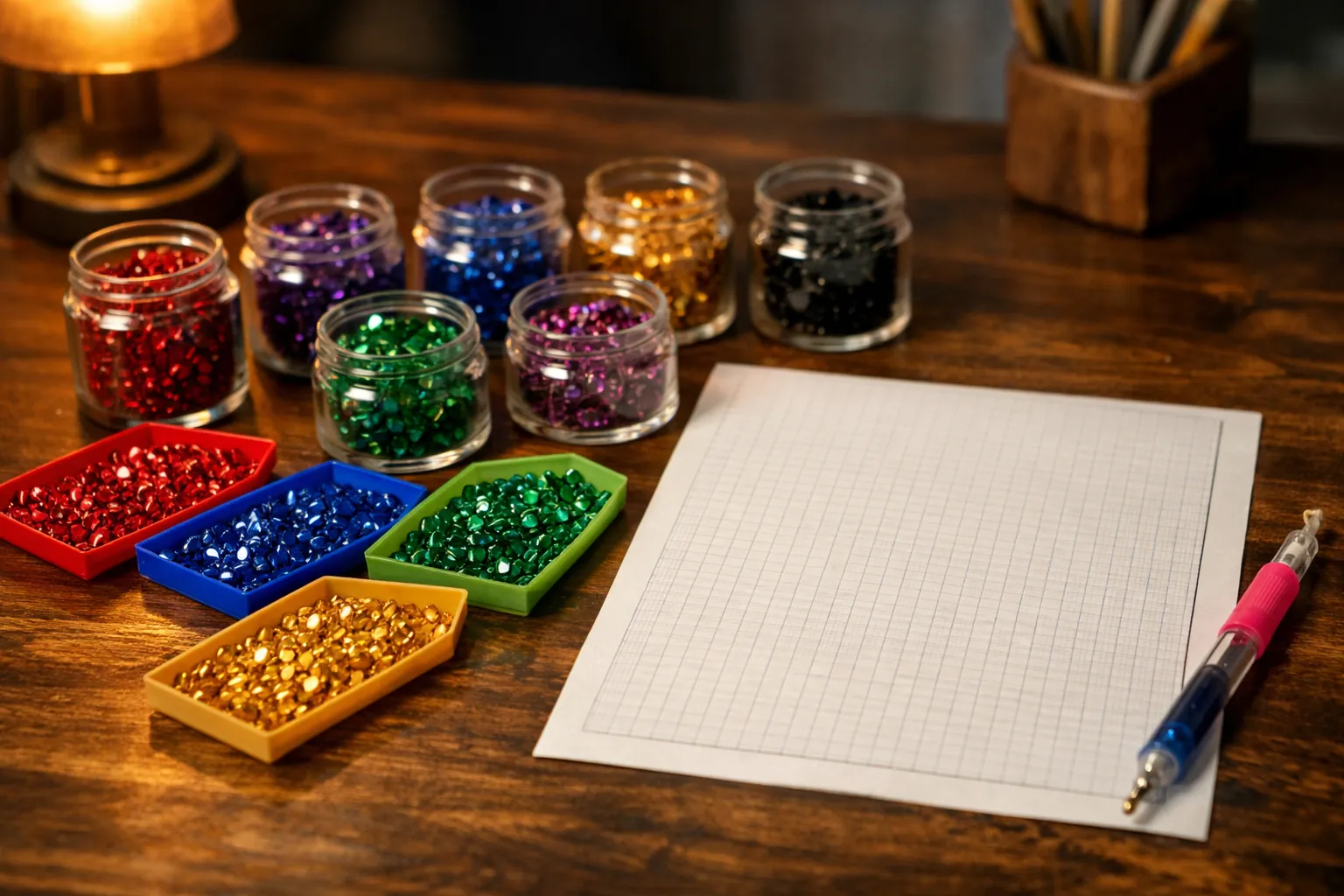 Jars and trays of leftover diamond painting drills sorted by color beside a blank canvas