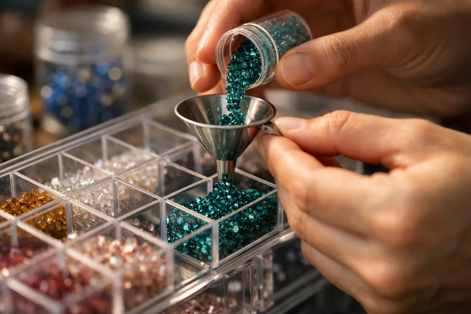 Pouring leftover drills into a labeled drawer organizer
