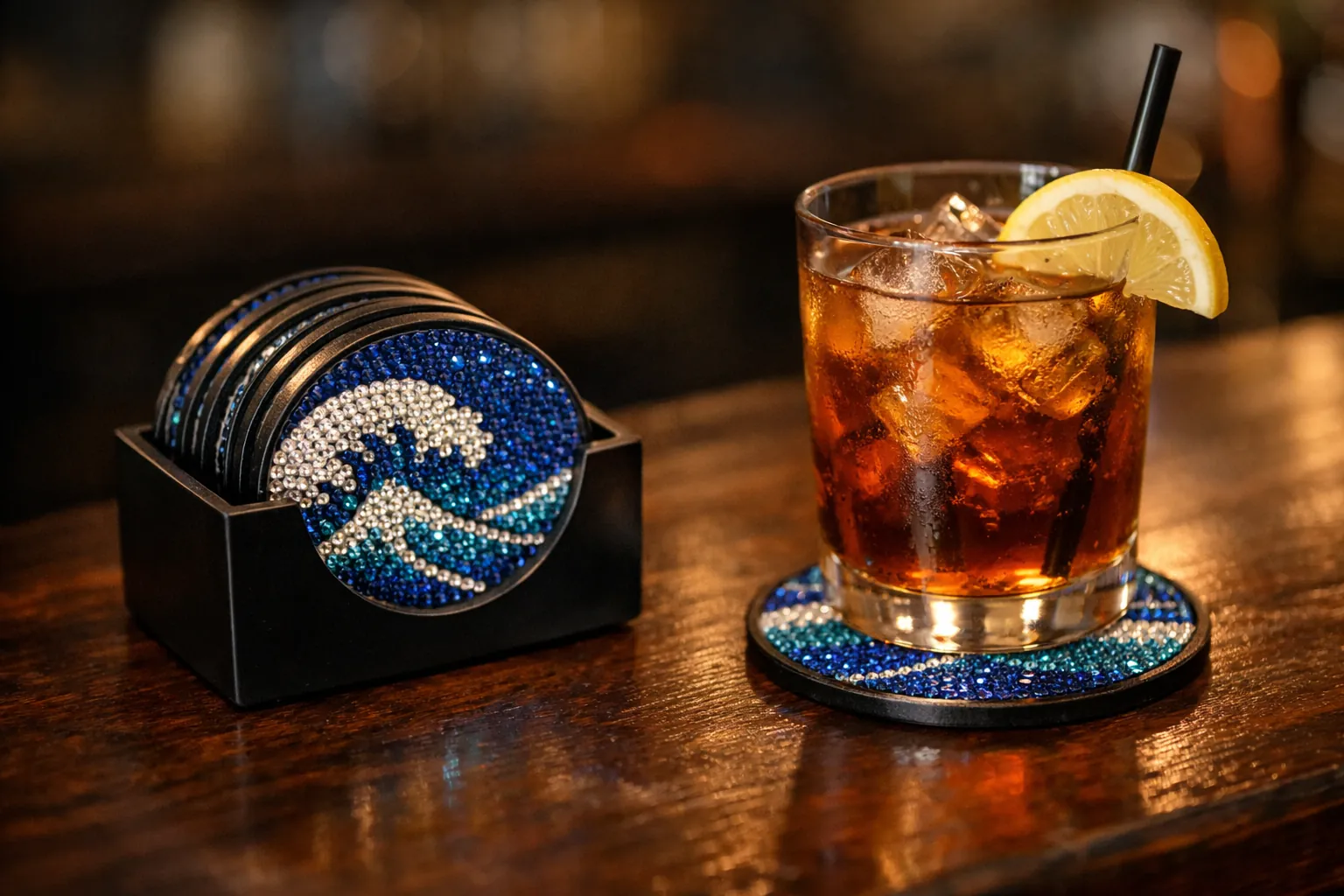 Sparkling ocean-wave coasters with one under a glass