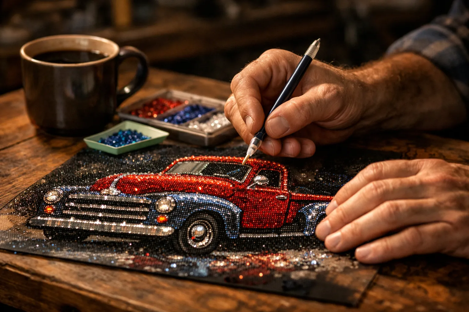 A man's hands placing drills on a sparkling diamond painting of a vintage pickup on a workshop bench