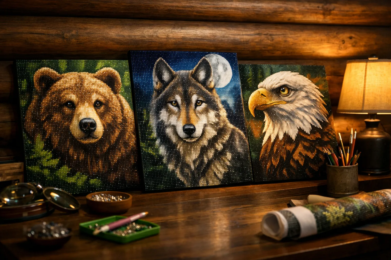 Three finished wildlife diamond paintings above a desk