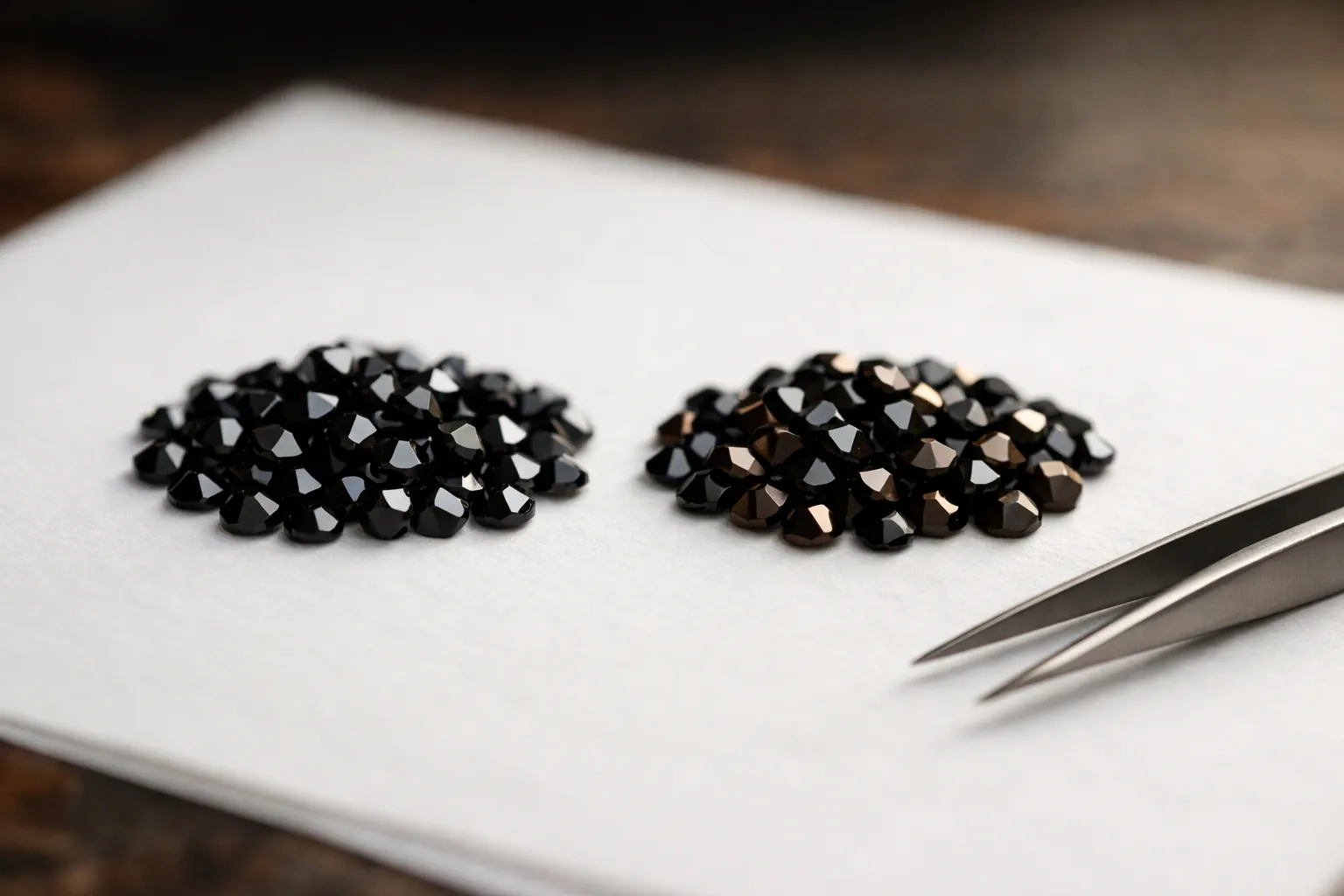 Two piles of black drills from different makers with slightly different tones