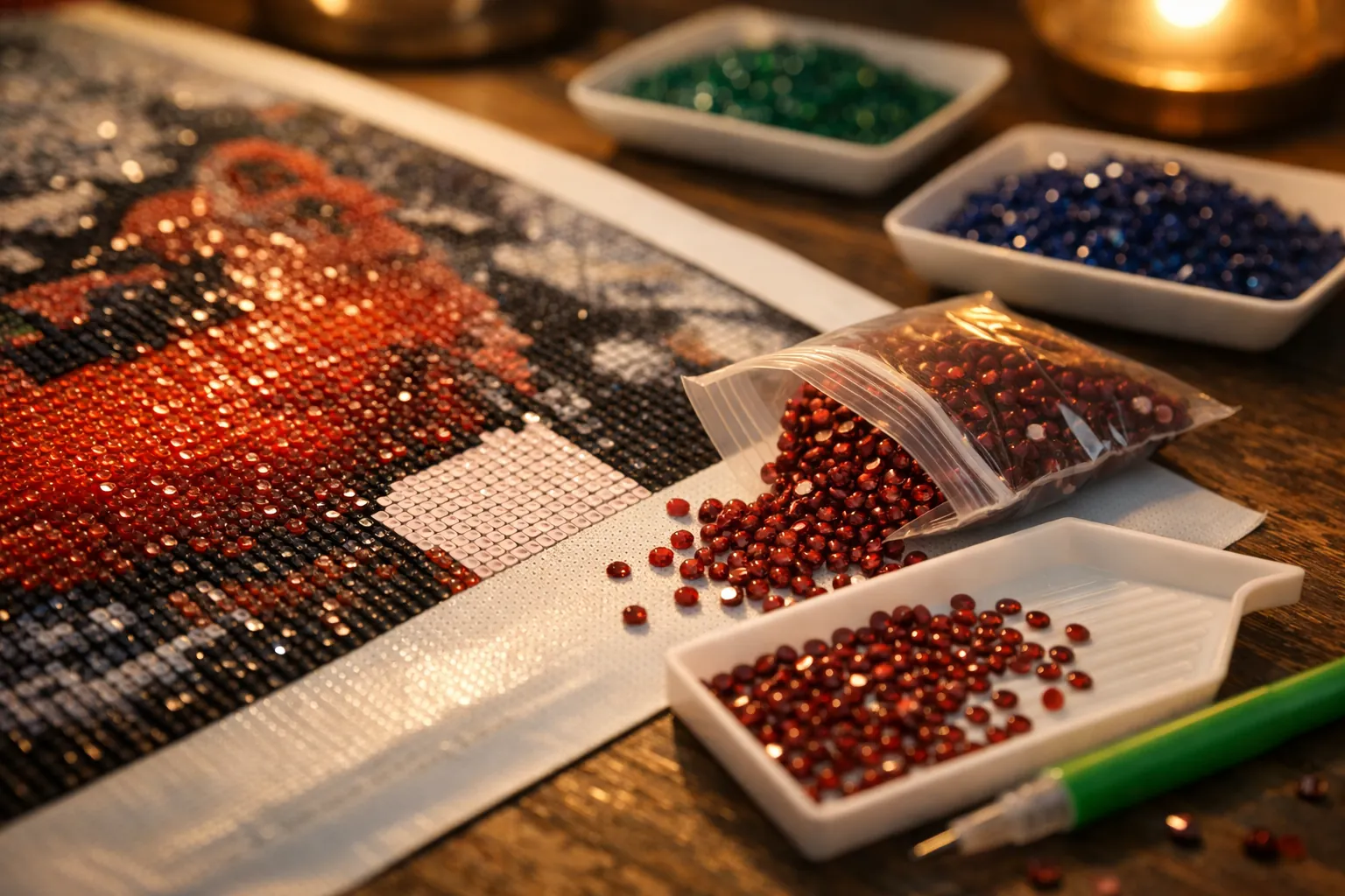A diamond painting canvas with a few empty cells and a tray of matching replacement drills