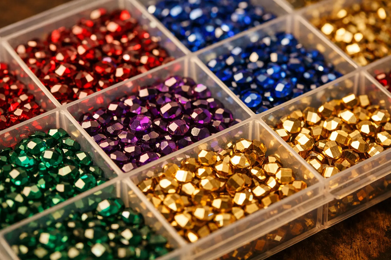 Loose spare diamond painting drills sorted in a grid storage box
