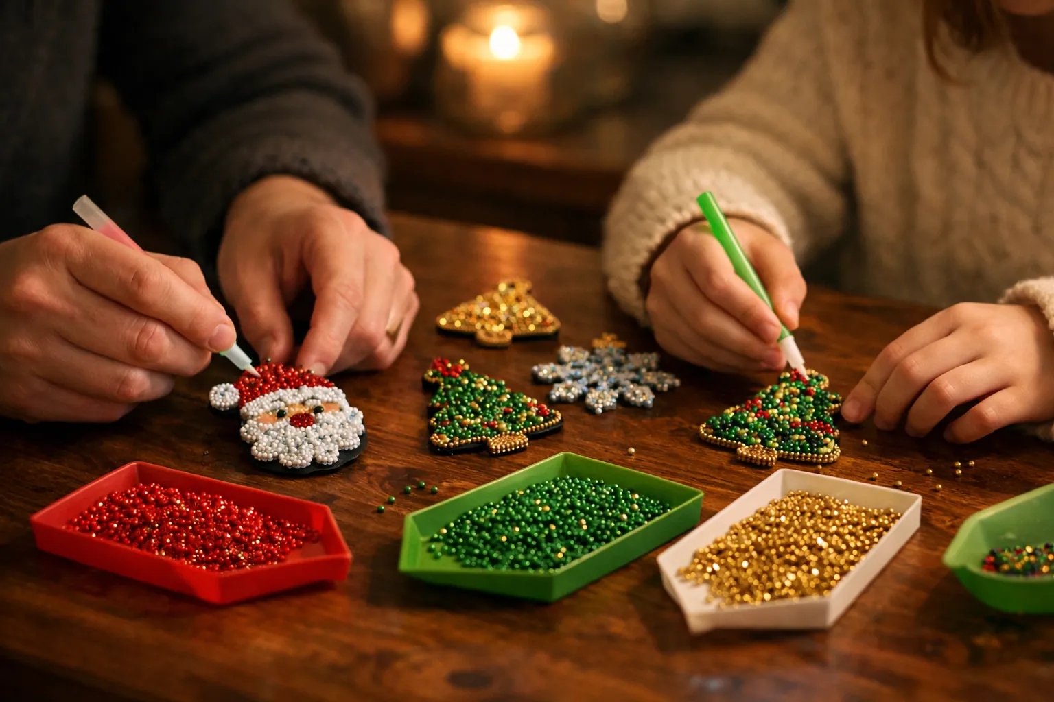 An adult and an older child placing drills on small Christmas ornaments at a kitchen table