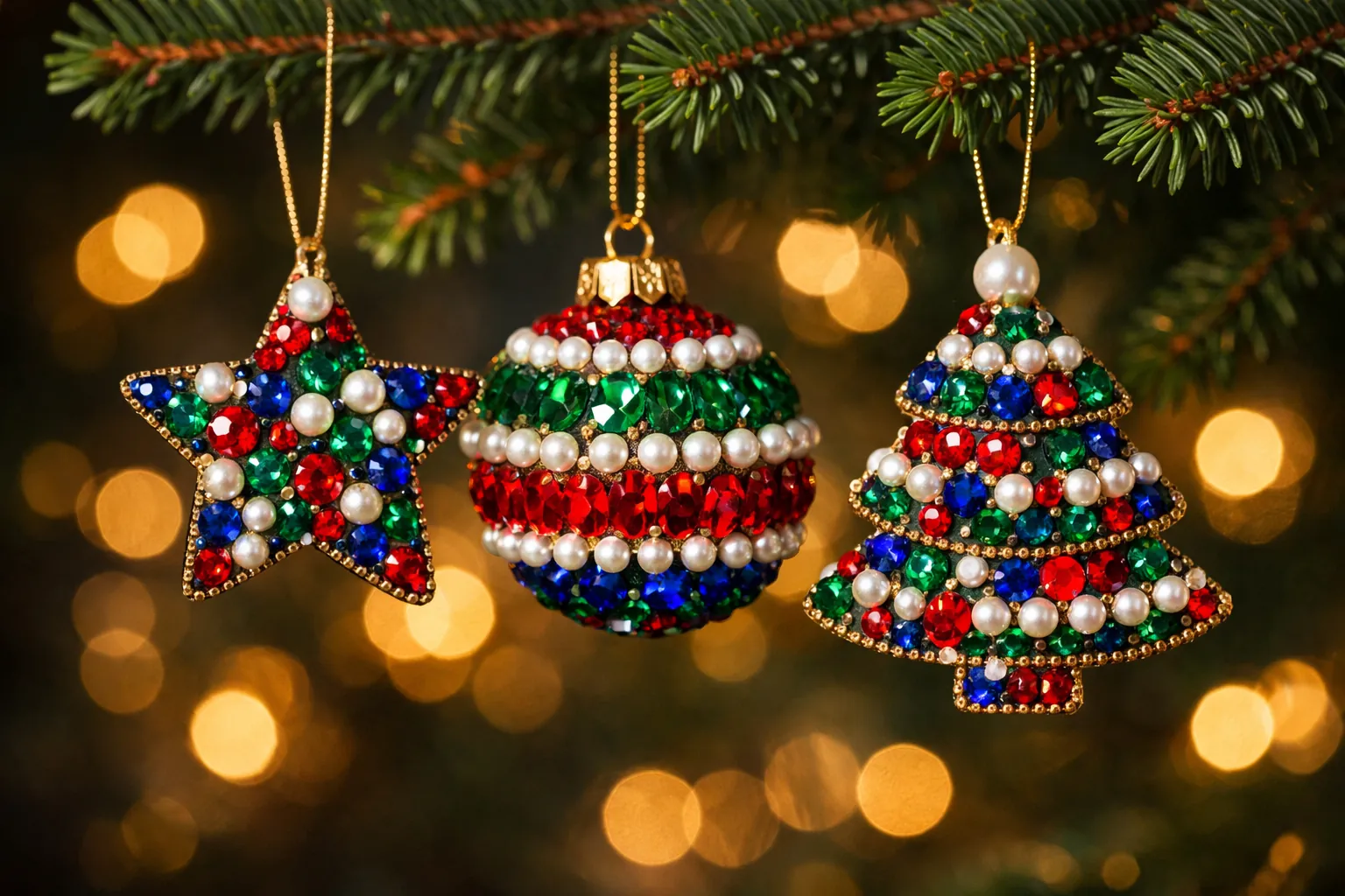 Handmade rhinestone and pearl Christmas ornaments hanging on a fir branch in warm light