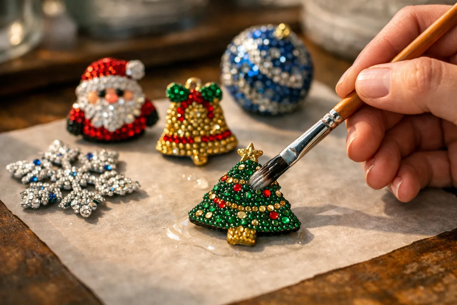 A brush applying clear sealer over a small rhinestone ornament on parchment paper
