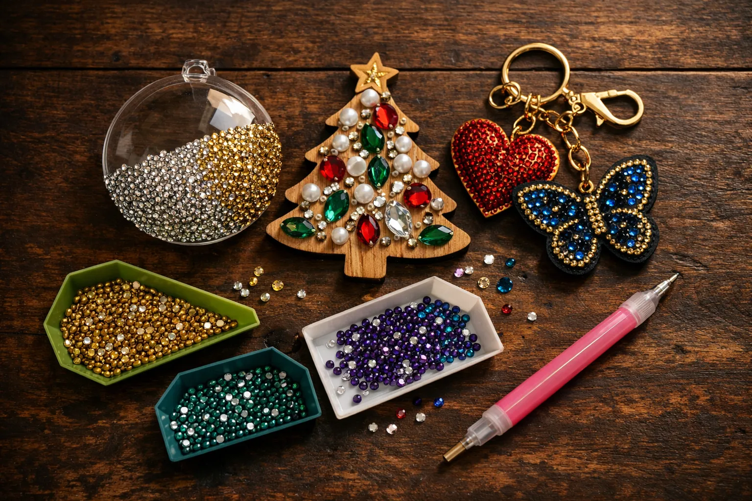 An acrylic ornament, a wooden pearl ornament and a two-sided keychain charm on a craft table