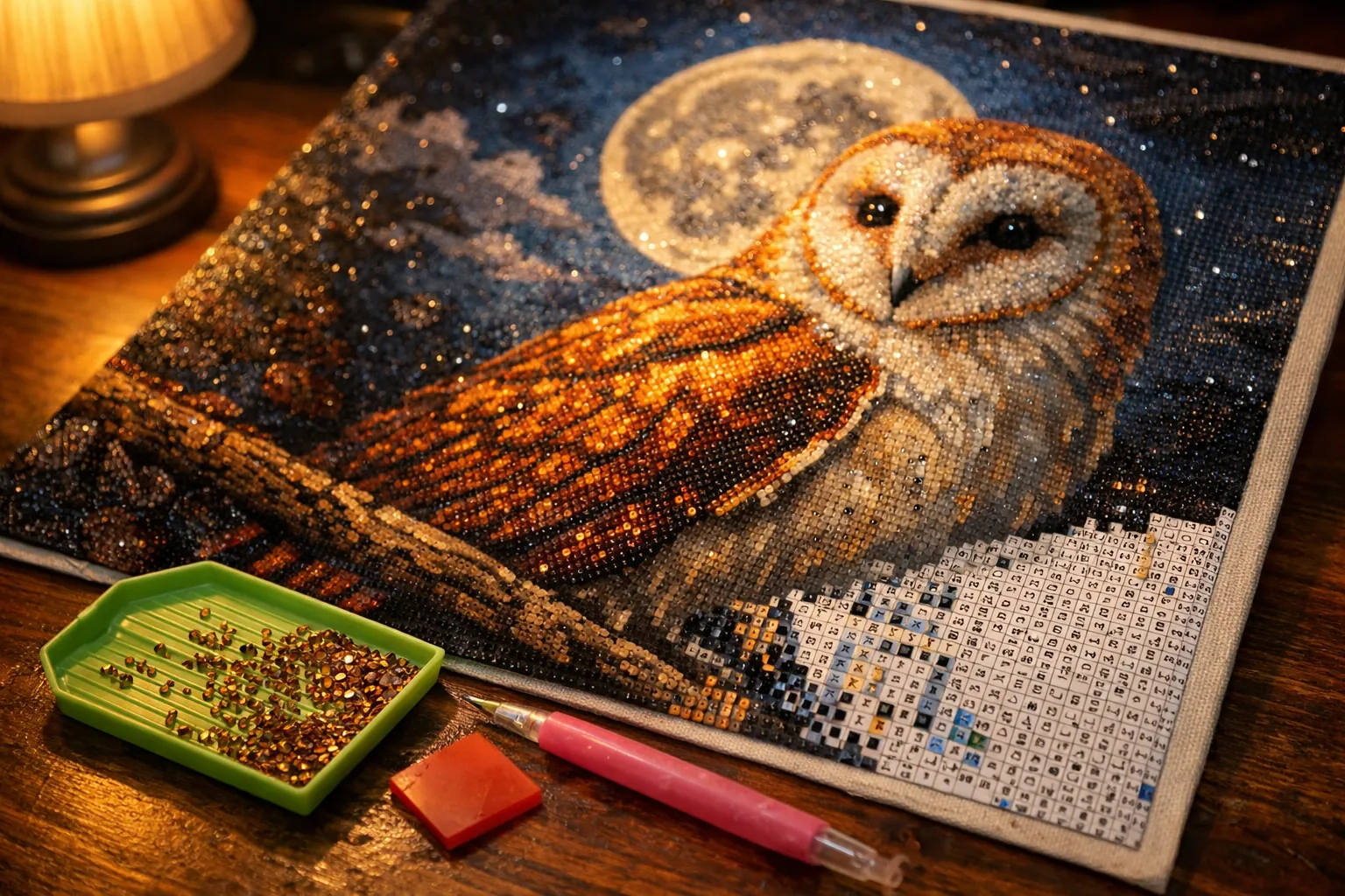 A rhinestone mosaic of an owl on a branch in deep blues and golds, half finished, on a craft table