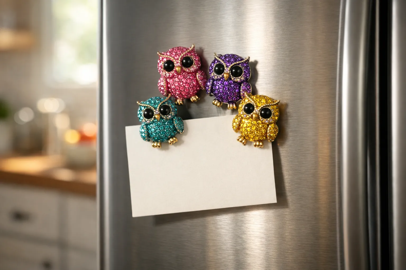 Small rhinestone owl magnets on a refrigerator door