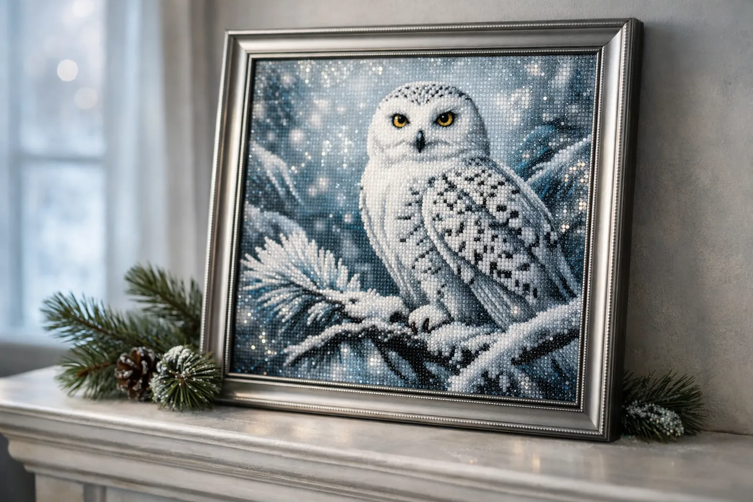 A framed rhinestone snowy owl mosaic on a mantel with pine sprigs
