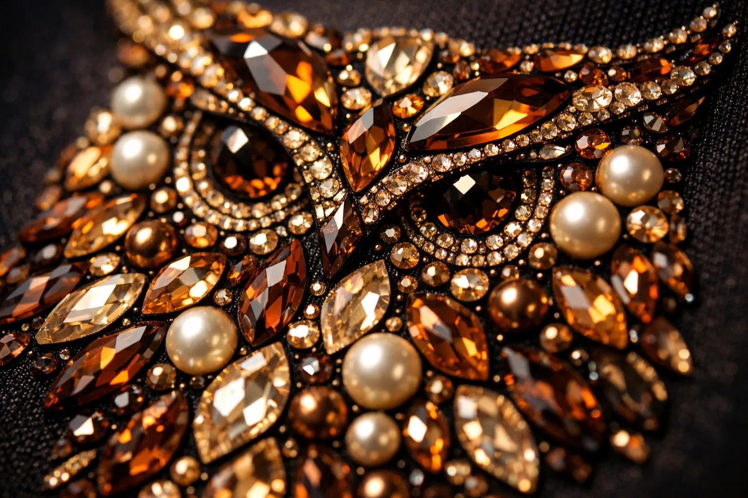 Close-up of owl feathers made from special-shape rhinestones and pearls