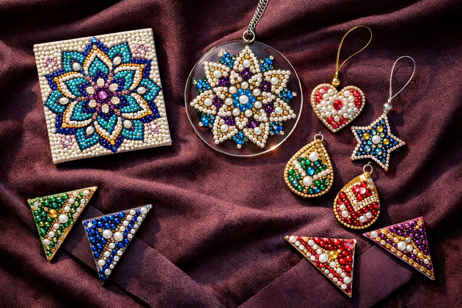 Pearl mosaic formats: a canvas, an acrylic hanging disc, ornaments and corner bookmarks