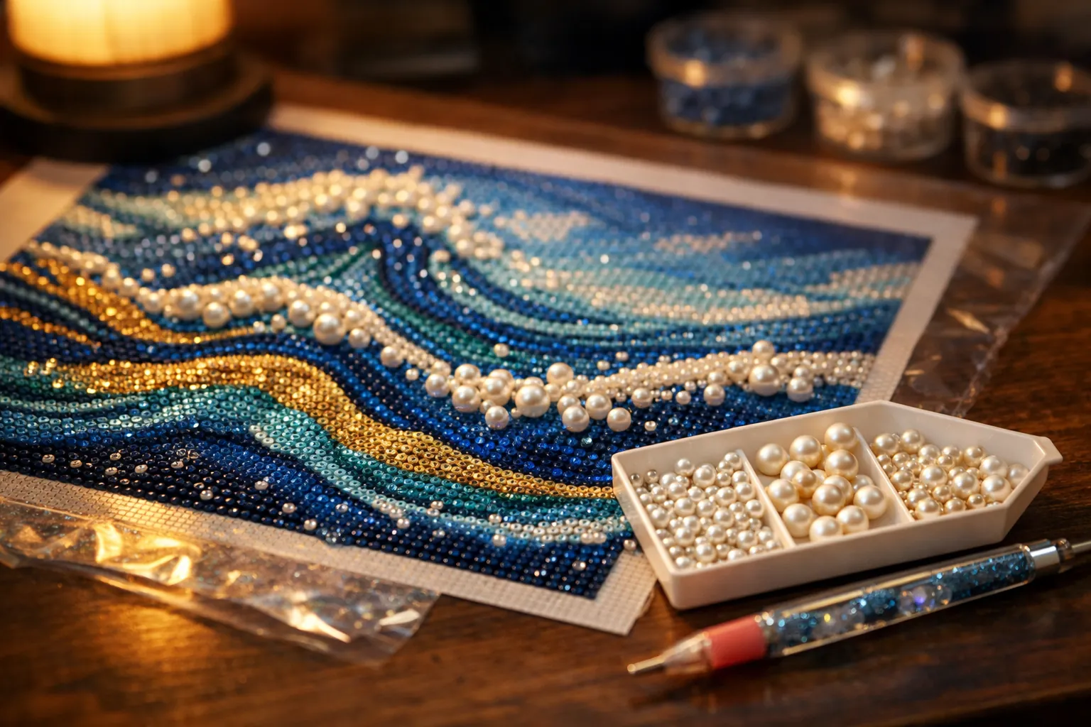 A pearl and rhinestone mosaic in progress on a craft table, with glossy white pearls set among faceted jewel-colored drills