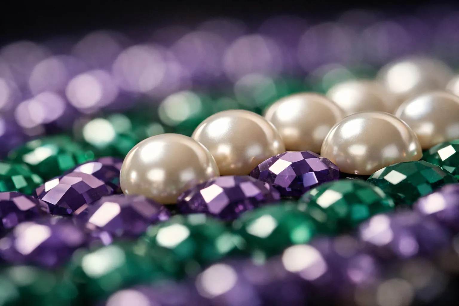 Macro view of domed pearl beads standing taller than faceted drills