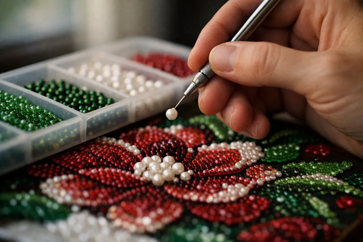 A drill pen lifting a single pearl bead above a floral pearl mosaic