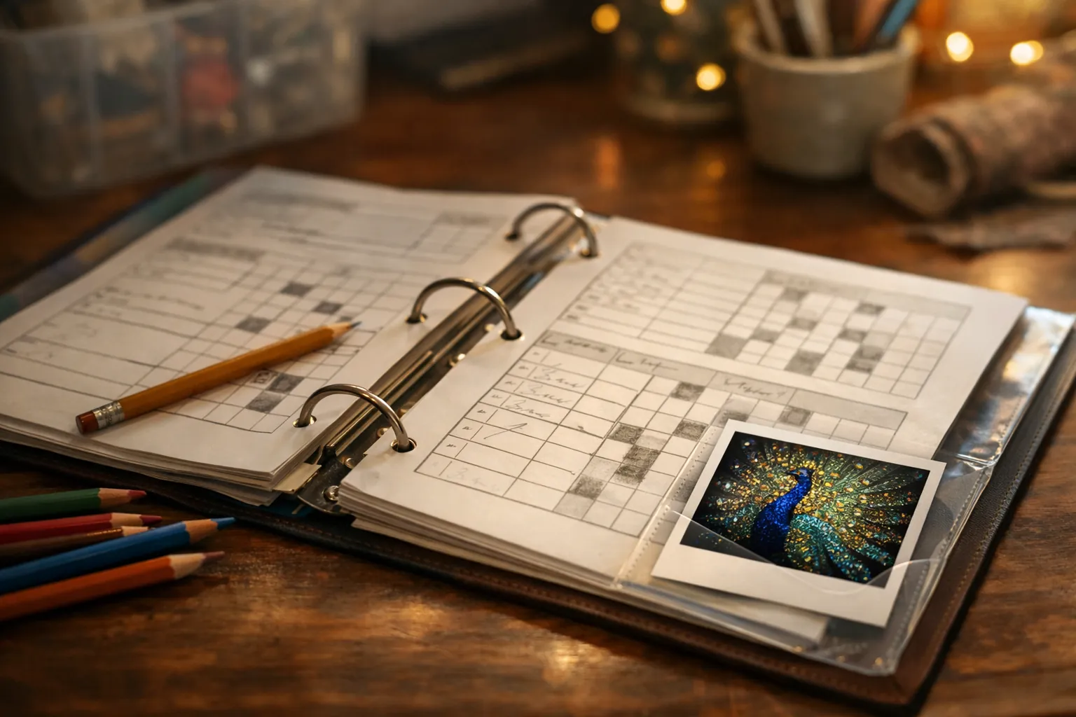 A binder of filled-in diamond painting log sheets with a photo of a finished piece